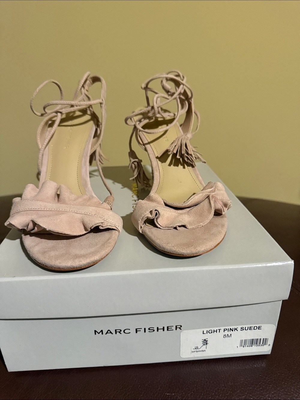 Marc Fisher Pink Suede Ruffle Tie-Up Heels
